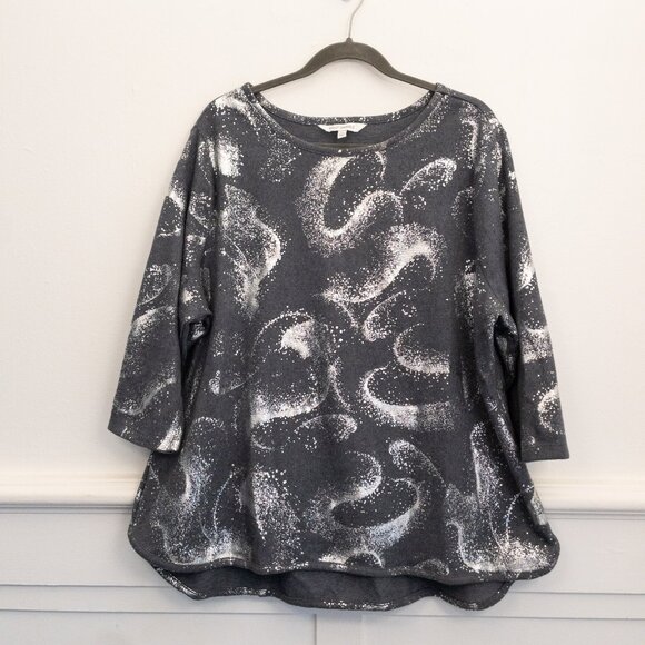 Emily Daniels 1X Metallic Silver Swirl Print Gray 3/4 Sleeve Tunic Top - Picture 2 of 5